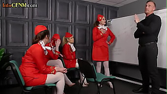 British Redhead Stewardesses Pleasing A Man In A Cfnm Role-Playing Scenario